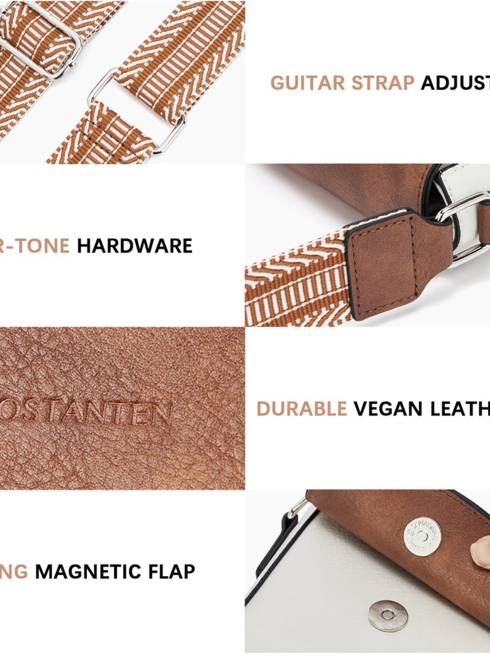 Bostanten Crossbody Front Magnetic Flap Handbag Brown/Cream Guitar Strap - Picture 4 of 13